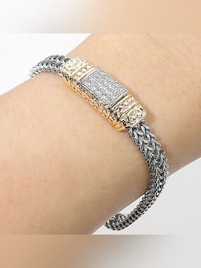 14K Gold Plated Two Tone CZ Pave Bar Accent Braided Chain Magnetic Bracelet